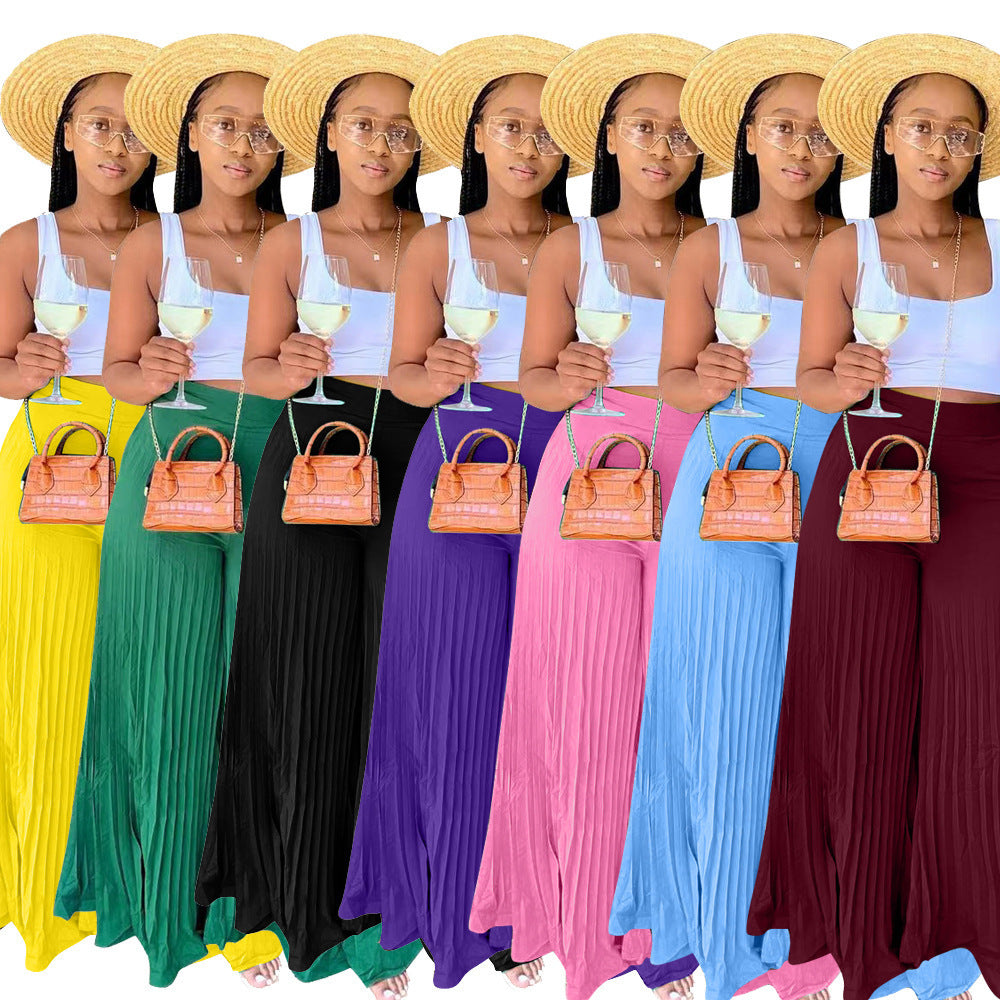 Women's Summer Pleated Chiffon Solid Color Wide-leg Pants