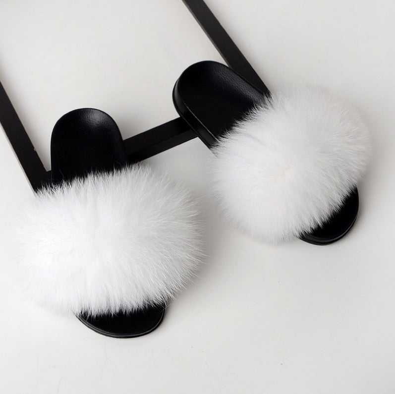 Real hair fox fur slippers female summer word drag fur plush shoes outside wearing sandals slip flat bottom