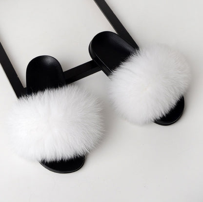 Real hair fox fur slippers female summer word drag fur plush shoes outside wearing sandals slip flat bottom