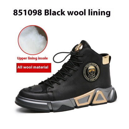 Top Layer Cowhide High-top Shoes Black Cotton Casual Leather Shoes