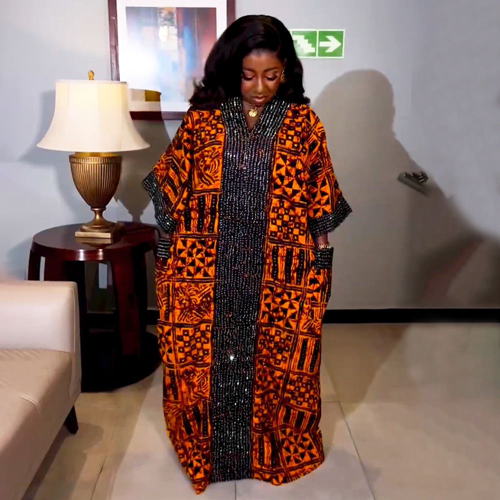 Printing Loose Robe Cross-border Foreign Trade AliExpress Amazon Hot Drilling With Pockets Dress