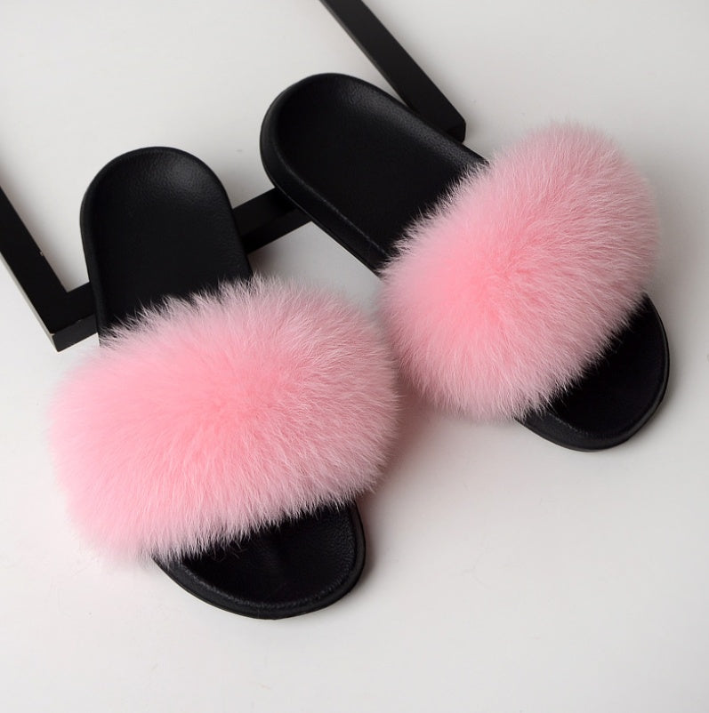 Real hair fox fur slippers female summer word drag fur plush shoes outside wearing sandals slip flat bottom