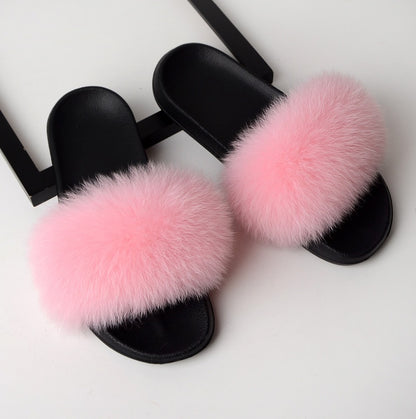 Real hair fox fur slippers female summer word drag fur plush shoes outside wearing sandals slip flat bottom