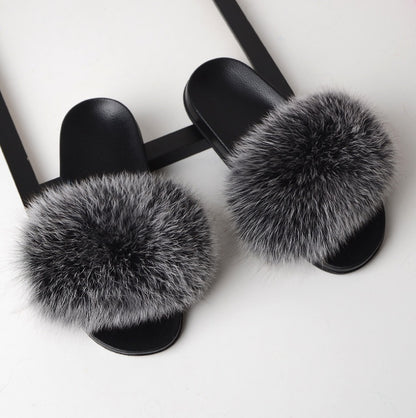 Real hair fox fur slippers female summer word drag fur plush shoes outside wearing sandals slip flat bottom