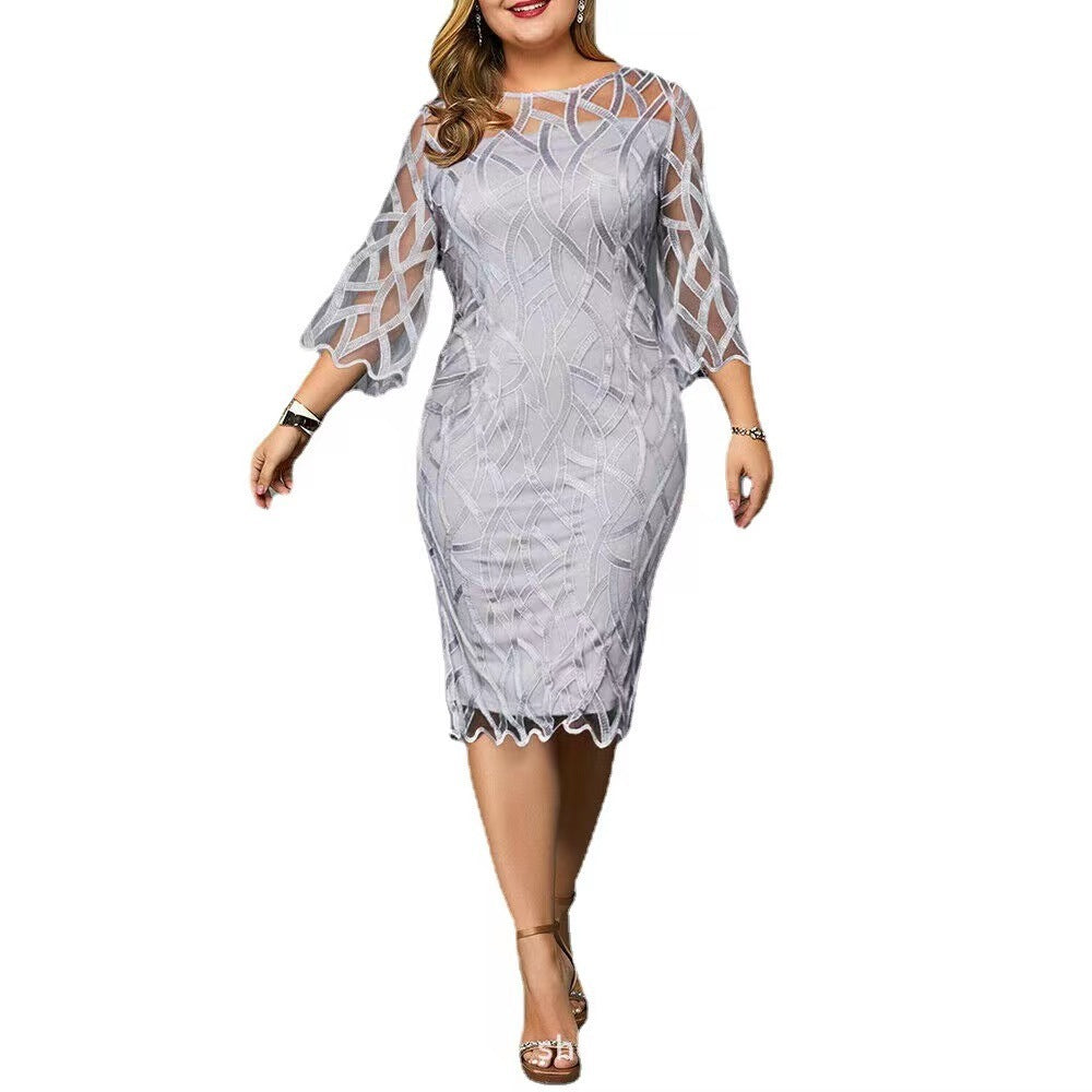 Fat Woman Dress Embroidered Double-layer Solid Color Round Neck Plus Size Dress