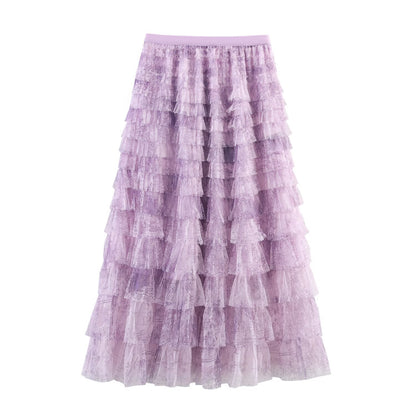 Mesh Gradient Printing Multi-layer Tiered Dress Skirt