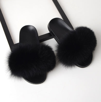 Real hair fox fur slippers female summer word drag fur plush shoes outside wearing sandals slip flat bottom