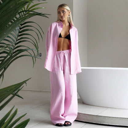 Cotton Shirt Trousers Suit Loose Long Sleeve