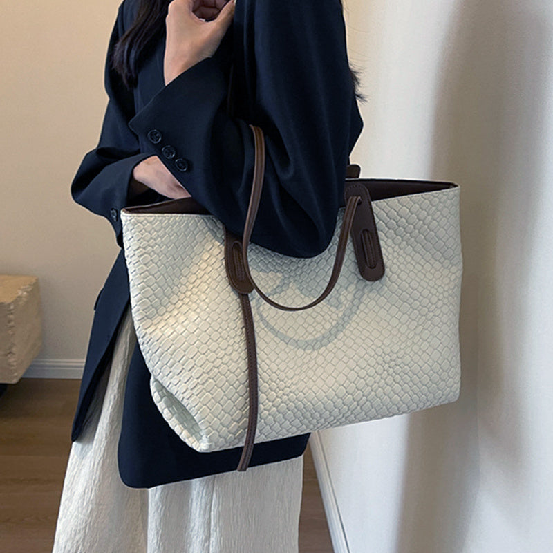 Large Capacity Woven Shouder Bgas Women Versatile Retro Textured Solid Color Totes