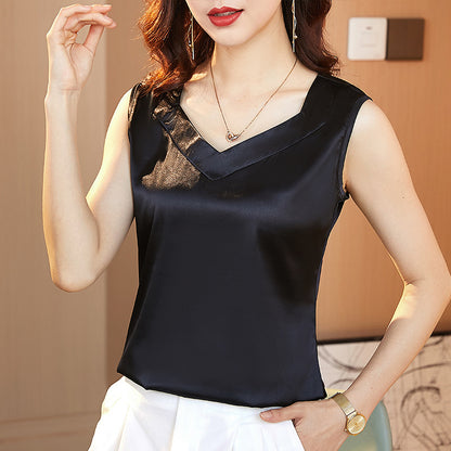 Spring And Summer Silk And Satin  Bottoming With V-neck Sleeveless Top