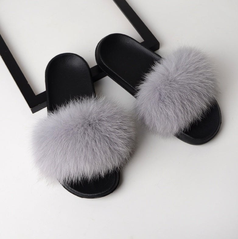 Real hair fox fur slippers female summer word drag fur plush shoes outside wearing sandals slip flat bottom