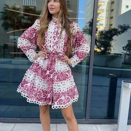 Retro Heavy Industry Elegant Printed Hollow Stand Collar Long Sleeve Dress