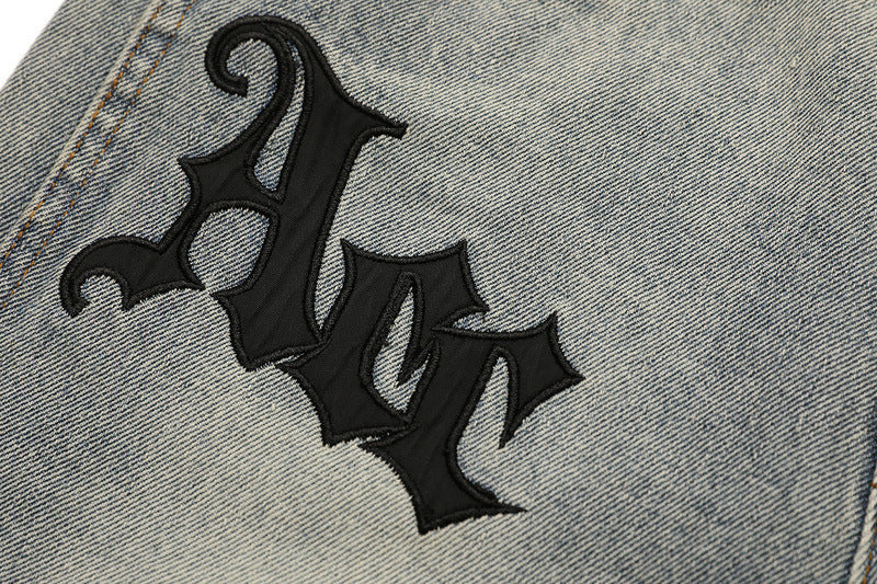 Vintage Jeans Men's Letter Patch Leather Embroidery