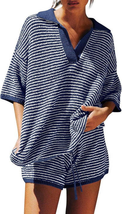 Loose Knitted Top High Waist Knit Shorts Suit