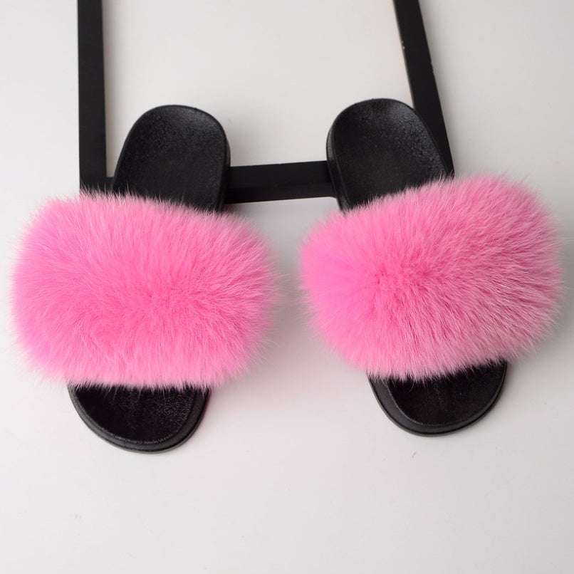 Real hair fox fur slippers female summer word drag fur plush shoes outside wearing sandals slip flat bottom