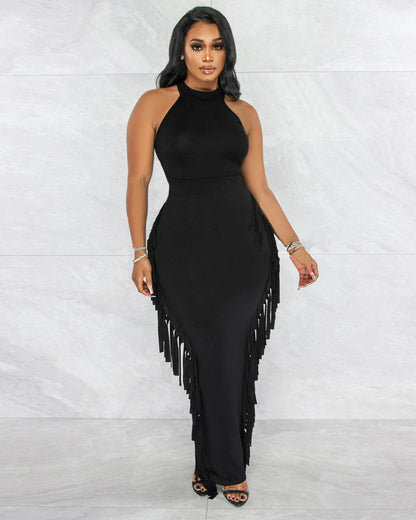 Halter Solid Color Tassel Dress Two-piece Set