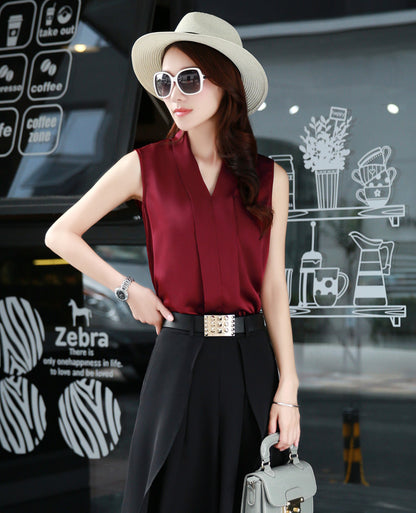 Silk satin slim fit V-neck sleeveless off-shoulder tank top