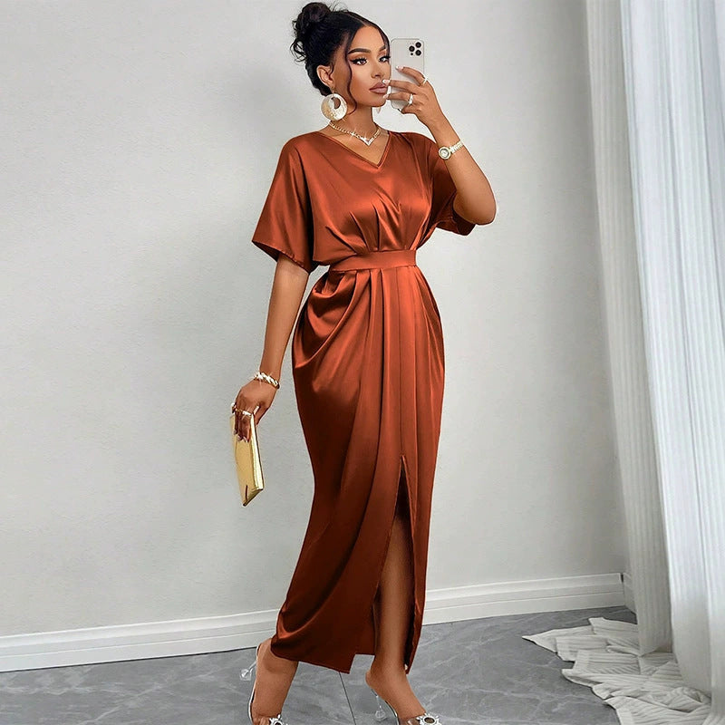 V-neck Short Sleeve High Waist One-step Slit Dress