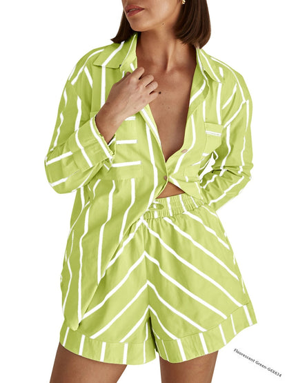 Summer Loose Striped Cardigan Shorts Suit