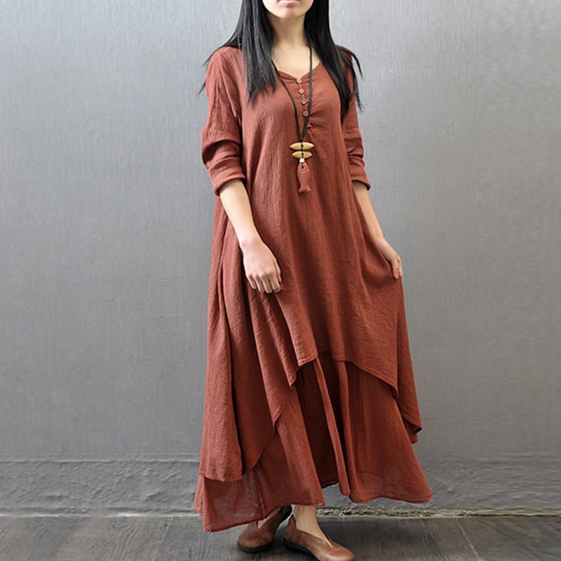 Loose Long Sleeve Cotton And Linen Skirt