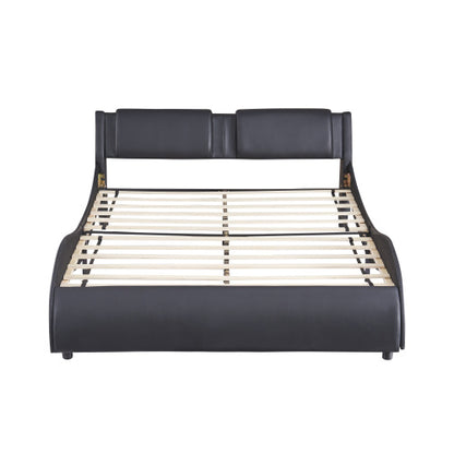 Full Size Upholstered Faux Leather Platform Bed With LED Light Bed Frame With Slatted - Black