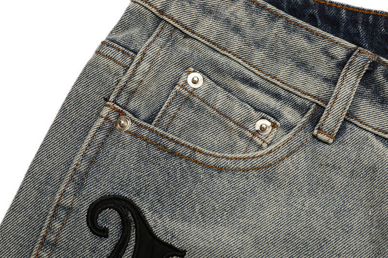 Vintage Jeans Men's Letter Patch Leather Embroidery