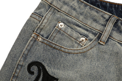 Vintage Jeans Men's Letter Patch Leather Embroidery