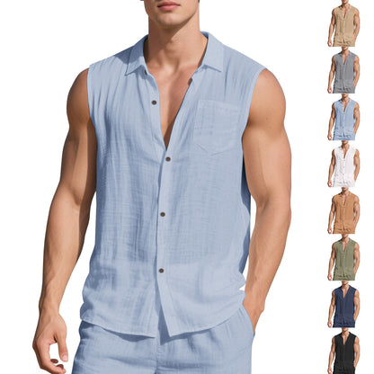 Sleeveless Linen Polo Collar Solid Color Cardigan Beach Shirt Vest