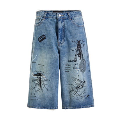 American Style Retro Street Graffiti Printing Destroyed Wormhole Cropped Jeans