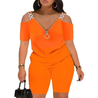 Off-the-shoulder Stitching Zipper Short Sleeve Shorts Two-piece Set