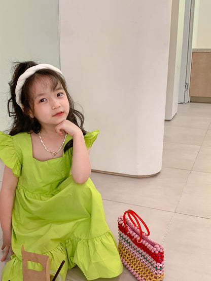 Girls Backless Bow Dress Flounced Sleeve Ruffles