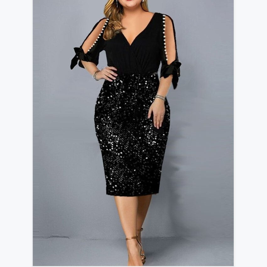 New V-neck Personality Sequins Plus Size Women's Dress