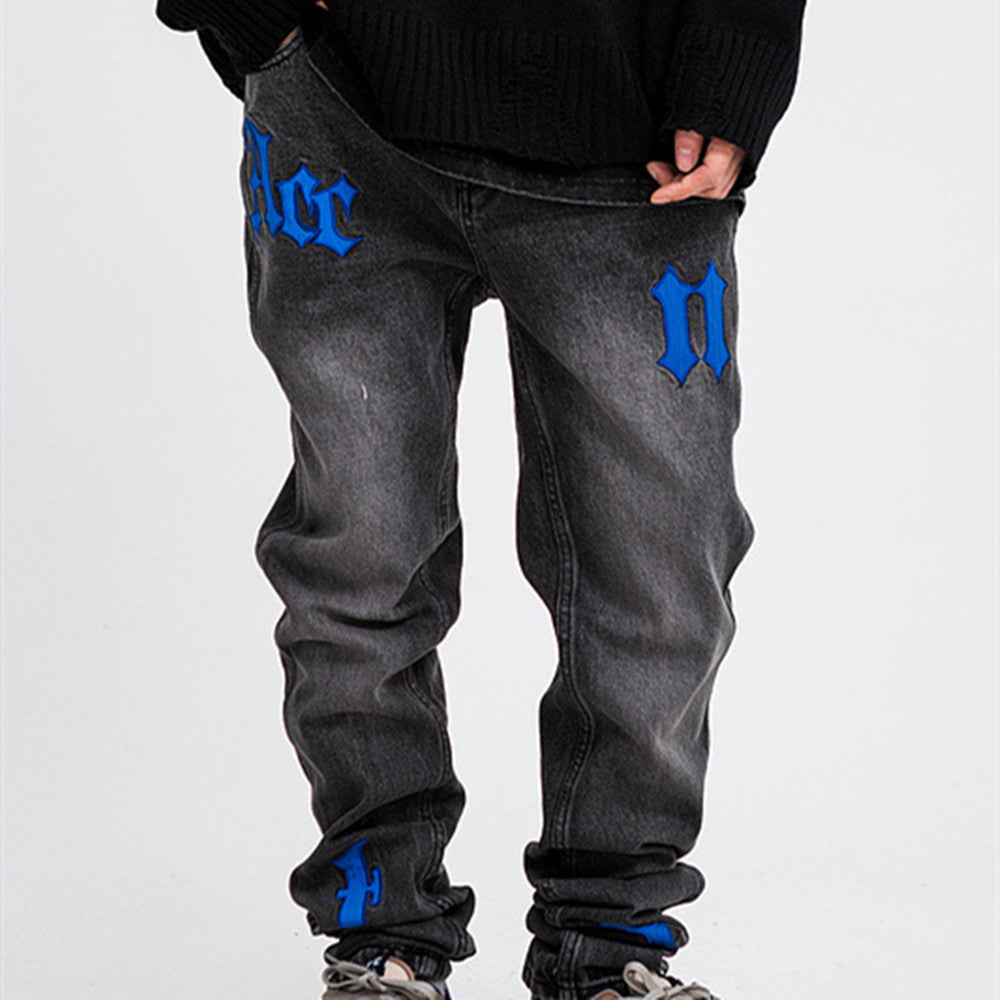 Vintage Jeans Men's Letter Patch Leather Embroidery