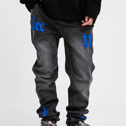 Vintage Jeans Men's Letter Patch Leather Embroidery