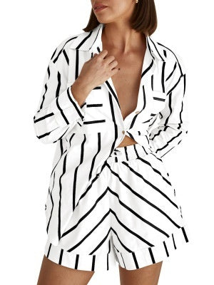 Summer Loose Striped Cardigan Shorts Suit