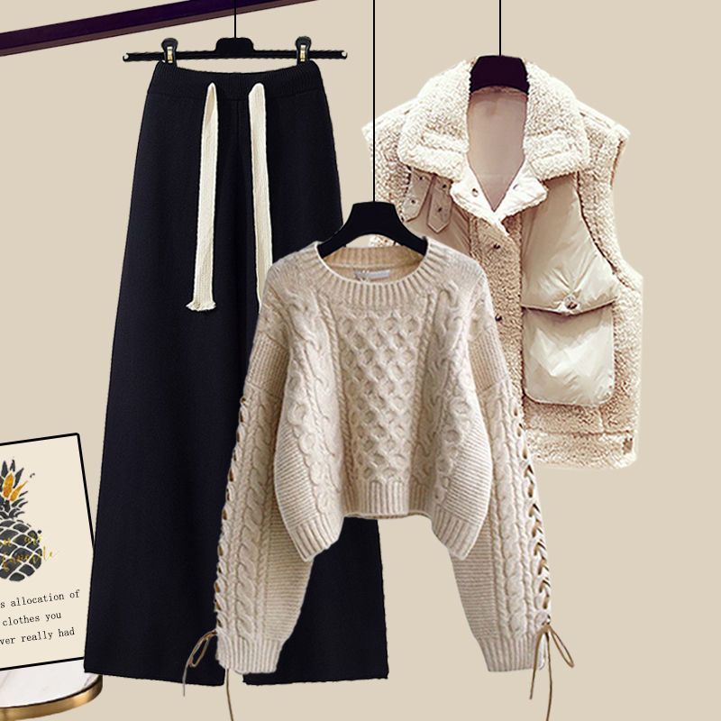 Women's Autumn And Winter Thickened Vest All-matching Knitted Sweater Wide Leg Pants Three-piece Suit