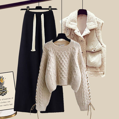 Women's Autumn And Winter Thickened Vest All-matching Knitted Sweater Wide Leg Pants Three-piece Suit