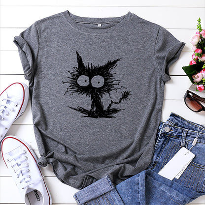 Spot Amazon Ebay European And American Fashion Cross-border Hot Sale Cat Printing Casual Cotton Short Sleeve T-shirt Women's Clothing