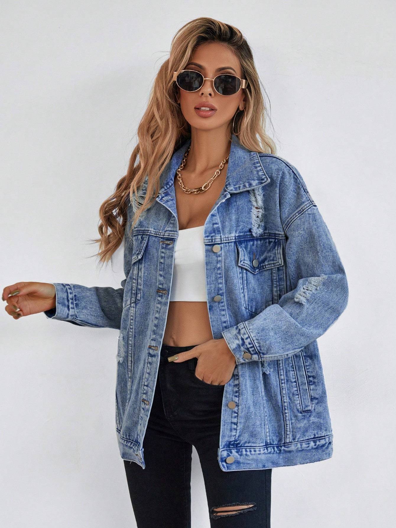 Button Blue Front Flap Pocket Drop Shoulder Denim Jacket