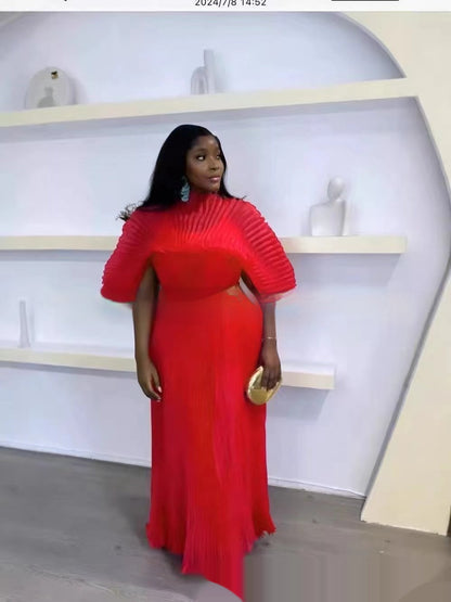 Solid Color Heavy Handmade Puff Sleeve Round Neck Belt Pleated Dress Women