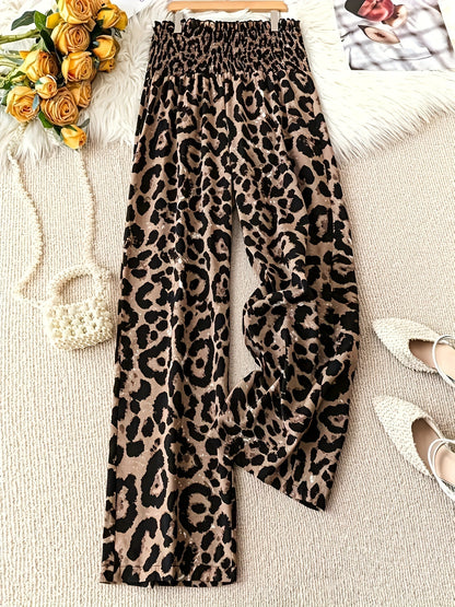 Leopard Print Floral Print Casual Jumpsuit Elastic Waist Loose Wide Leg Pants