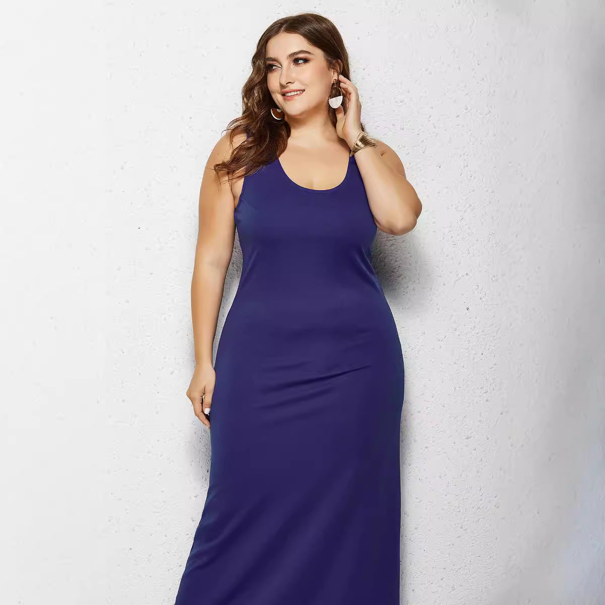 Plump Girls Women's Dress Springsummer Knitted Sexy Round Neck Solid Color