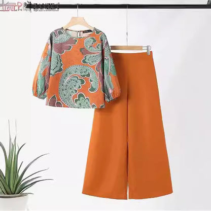 Summer Floral Print Top Wide Leg Pants Sportswear Fashion Loose Match Suit