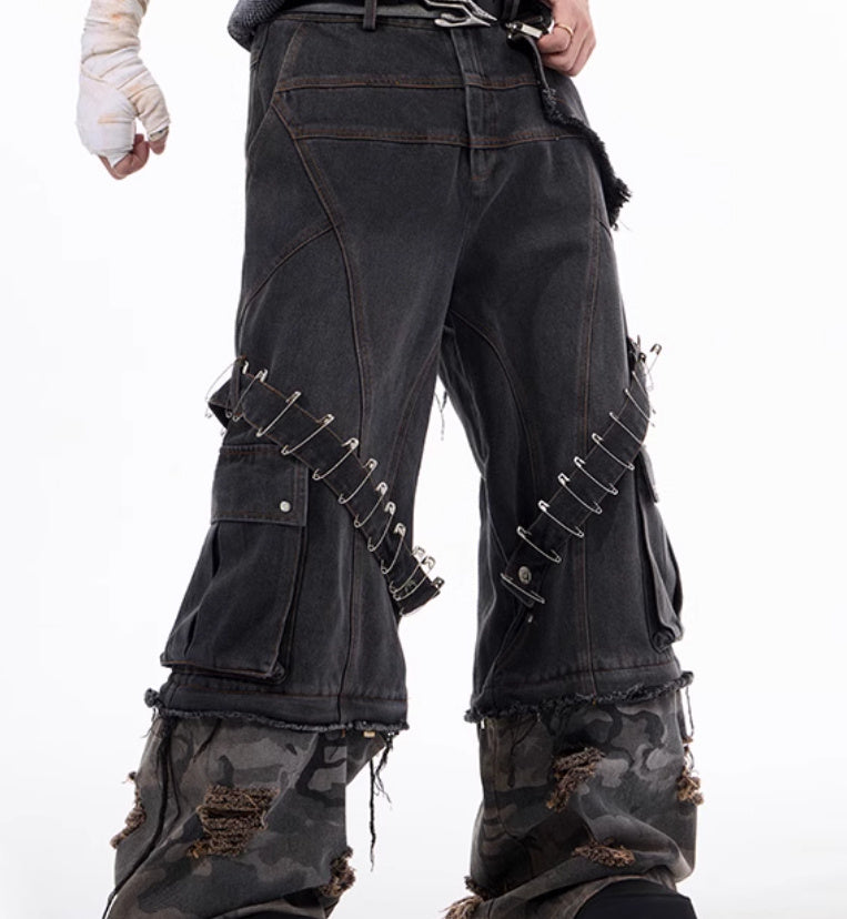 Men's Camouflage Splicing Structure Pin And Ribbon Jeans