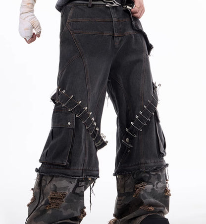 Men's Camouflage Splicing Structure Pin And Ribbon Jeans