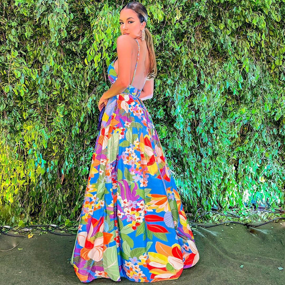 New Printed Multi-color Off-shoulder Sling Dress