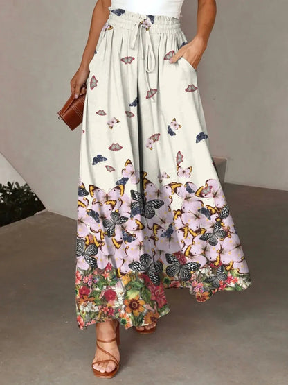 Flowers Printed Wide-leg Trousers Summer Casual Straight Pnats For Women Beach Clothing