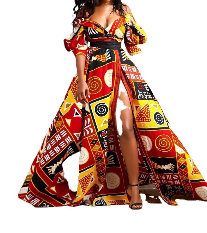 Women's Printed Short Sleeve Split High Waist Dress