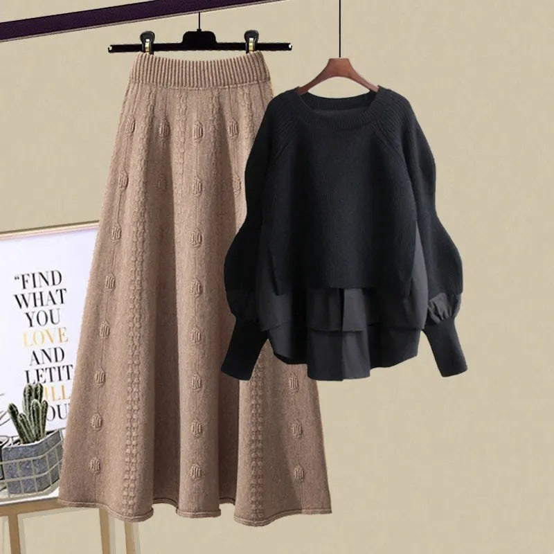 Women's Fashion Wear Loose Western Style Lazy Style Sweatshirt Slimming Skirt Two-piece Set