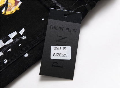 Slim Nightclub Trendy Personality Pattern Denim Trousers